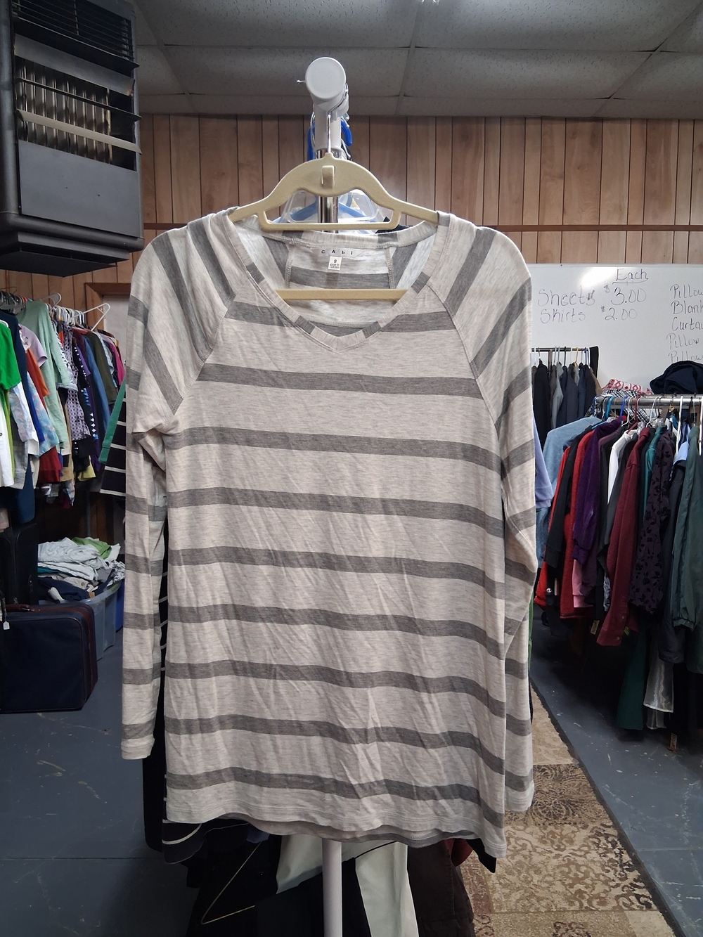 CAbi Gray and White Striped Long Sleeve Top